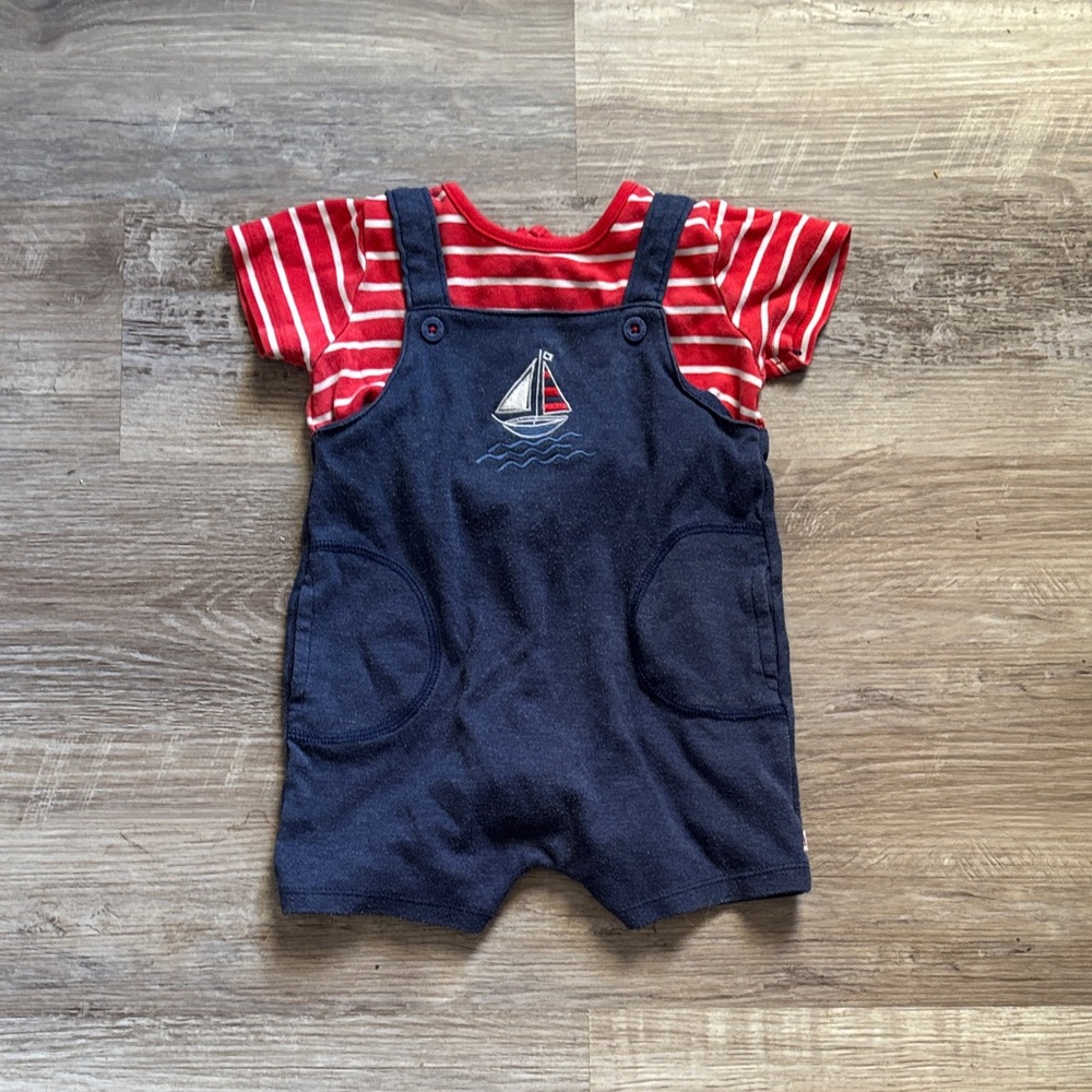 Absorba Navy Overalls with Red Striped Shirt